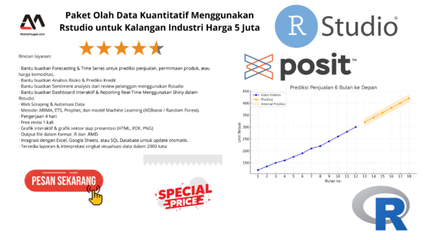 Paket Olah Data Kuantitatif Menggunakan Rstudio untuk Kalangan Industri Harga 5 Juta Rincian layanan · Bantu buatkan Forecasting & Time Series untuk prediksi penjualan, permintaan produk, atau